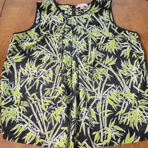 MICHAEL KORS Sleeveless Black White Green Bamboo Leave Print Blouse size XL